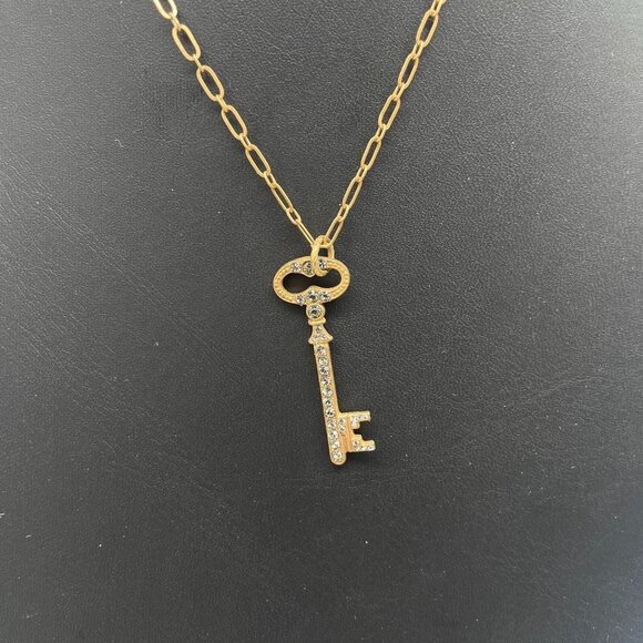Pave Rhinestone Key Pendant Chain Necklace Gold Tone Casual College School - Picture 3 of 6